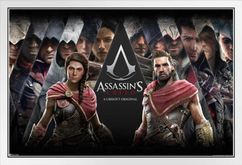 Assassins Creed Series All Assassins Character Group Valhalla Origins Syndicate Odyssey Black Flag Bloodlines Assassins Creed Merchandise Gamer White Wood Framed Poster 14x20