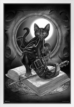 Alchemy Midnight Mischief Cat Black Cat Spooky Witchy Room Decor Gothic Decor Goth Room Decor Witchcraft Horror Wiccan Occult Decorations White Wood Framed Poster 14x20