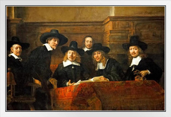 Rembrandt The Sampling Officials Fine Art Realism Artwork Rembrandt Paintings on Canvas Prints Biblical Drawings Portrait Painting Wall Art Renaissance Posters White Wood Framed Poster 14x20