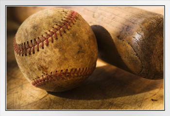 Antique Baseball with Baseball Bat Photo Photograph White Wood Framed Poster 20x14