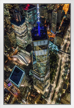 World Trade Center Illuminated Aerial View NYC Photo Photograph White Wood Framed Poster 14x20