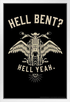 Hell Bent Hell Yeah Motorcycle Bike Retro Biker Poster Vintage Style Skull And Eagle Angel Wings Chopper White Wood Framed Art Poster 14x20