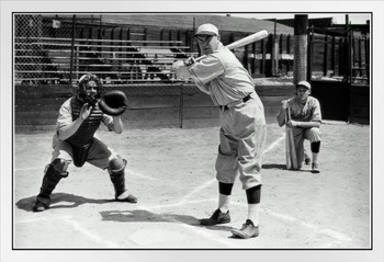 Batter Catcher and Coach Practicing Baseball B&W Photo Photograph White Wood Framed Poster 20x14