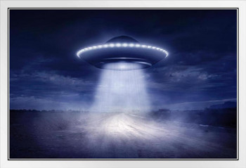 Alien Spaceship UFO Landing on Rural Road Fantasy Photo Poster Aliens Invading Earth Believe Scifi White Wood Framed Art Poster 20x14