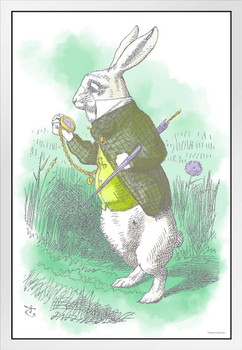 Alice In Wonderland White Rabbit John Tenniel Cute Pastel Watercolor Kids Room Nursery White Wood Framed Poster 14x20