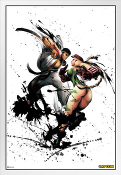 Street Fighter Ryu vs Cammy Ink Art CAPCOM Video Game Merchandise Gamer Classic Fighting White Wood Framed Poster 14x20