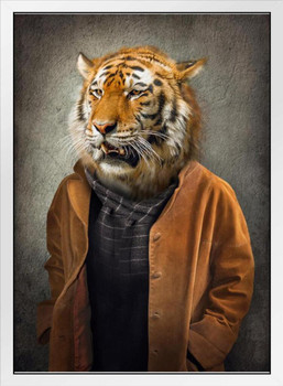 Tiger Head Human Body Wearing Clothes Jungle Cat Face Portrait Funny Parody Animal Art Photo Fantasy White Wood Framed Poster 14x20