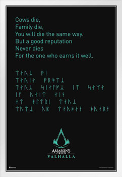 Assassins Creed Valhalla Merchandise A Good Reputation Never Dies Poem Runes Video Game Video Gaming Gamer Collectibles Viking Eivor Varinsdottir White Wood Framed Poster 14x20