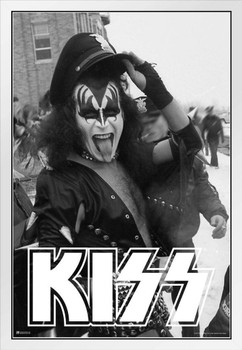 Kiss Poster The Demon Police Hat Gene Simmons Kiss Band Merchandise Kiss Collectibles Kiss Memorabilia Heavy Metal Music Merch 1970s Retro Vintage Accessories White Wood Framed Poster 14x20