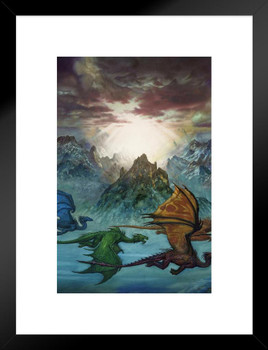 Mount Drac Dragon Migration Flying Over Mountains by Ciruelo Fantasy Landscape Painting Gustavo Cabral Matted Framed Wall Decor Art Print 20x26