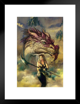 Gondwr Kiraldea Dragon With Female Warrior Protector by Ciruelo Fantasy Painting Gustavo Cabral Matted Framed Wall Decor Art Print 20x26