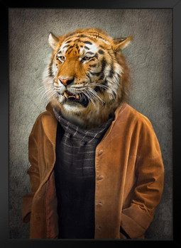 Tiger Head Human Body Wearing Clothes Jungle Cat Face Portrait Funny Parody Animal Art Photo Fantasy Stand or Hang Wood Frame Display 9x13