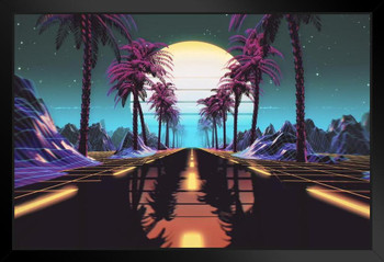 Vaporwave 1980s Retro Scifi Street Palm Trees Poster Futuristic Sci-fi California Style Tropical Fantasy City Landscape Stand or Hang Wood Frame Display 9x13