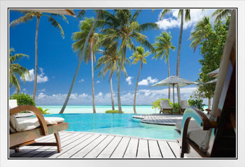 Lawn Chairs Near Infinity Pool Under Palm Trees in Tropical Paradise Photo Photograph White Wood Framed Poster 20x14