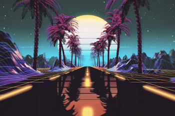 Vaporwave 1980s Retro Scifi Street Palm Trees Poster Futuristic Sci-fi California Style Tropical Fantasy City Landscape Stretched Canvas Art Wall Decor 16x24