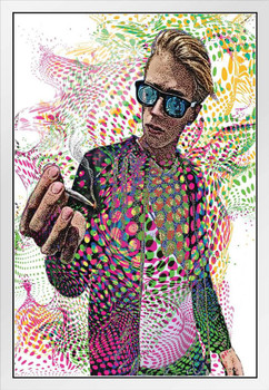 Young Man Smoking Marijuana with Psychedelic Background White Wood Framed Poster 14x20