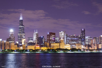 Chicago Illinois Skyline City Lights Lake Michigan View At Night Color Photograph Art Stretched Canvas Art Wall Decor 16x24