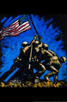 Iwo Jima Soldiers Raising American Flag Painting by Stephen Fishwick USA United States Patriotic Pop Artwork Stretched Canvas Art Wall Decor 16x24