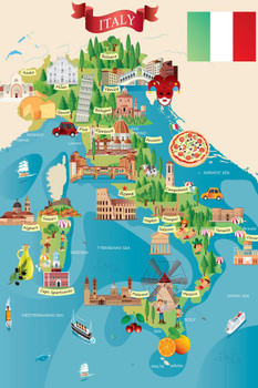 Italian Tourist and Travel Destinations Illustrated Map Travel World Map with Cities in Detail Map Art Wall Decor Geographical Illustration Travel Destinations Cool Wall Decor Art Print Poster 16x24