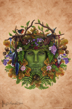 Greenman by Brigid Ashwood Fantasy Art Wall Decor Nature Animal Illustration Celtic Ornate Wall Art Flower Knot Pattern Spiritual Art Print Decorative Painting Cool Wall Decor Art Print Poster 12x18