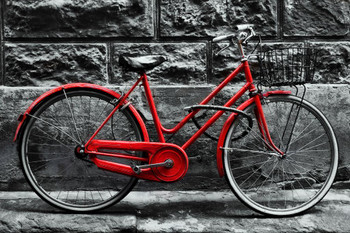 Retro Vintage Red Bike Leaning Against Block Wall Black And White Photo b&w bicycle old fashioned cycle tricycle chain pedal transportation stone brick Cool Wall Decor Art Print Poster 24x16