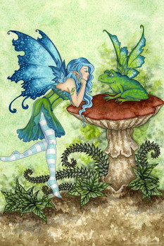 Frog Gossip Woodland Fairy by Amy Brown Fantasy Poster Toadstool Mushroom Nature Magical Cool Wall Decor Art Print Poster 16x24