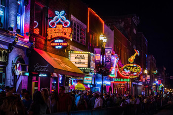 Nashville TN Neon Music Scene Night Photo Poster Bar Restaurant Street Neon Signs Concert Crowds Photograph Cool Wall Decor Art Print Poster 16x24