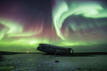 Aurora Polaris in Sky Above Iceland DC 3 Wreckage Photo Photograph Cool Wall Decor Art Print Poster 24x16