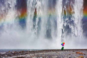 Young Woman with Rainbow Umbrella Near Waterfall Skogafoss Iceland Photo Photograph Cool Wall Decor Art Print Poster 24x16