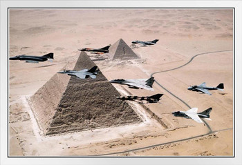 US and Egyptian Aircraft Flying Over Pyramids Fighter Jet Airplane Aircraft Plane Photo Photograph White Wood Framed Poster 20x14