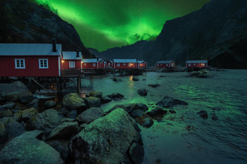 Aurora Borealis in Sky Above Coastal Norway Cabins Photo Photograph Cool Wall Decor Art Print Poster 24x16