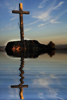 Cross Reflecting in Water at Sunset Photo Photograph Cool Wall Decor Art Print Poster 16x24