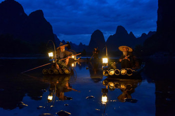 Cormorant Fishing Fisherman Guilin Li River Karst Mountains Blue Hour Of Dawn Guangxi China Cool Wall Decor Art Print Poster 24x16