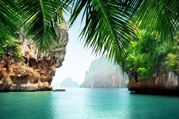 Phuket Thailand Tropical Sea Rock Island Formations Green Water Palm Trees Nature Landscape Photo Cool Wall Decor Art Print Poster 24x16