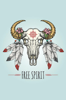 Free Spirit Buffalo Skull With Ornaments And Feathers Cool Wall Decor Art Print Poster 16x24