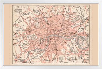 City of London 1877 Vintage Antique Style Map White Wood Framed Poster 20x14