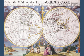 Wells Antique Wold Map of the Terraqueous Globe Dedicated To William Duke of Gloucester 1700s References Columbus Discovery Americas Circa Year 1490 Vintage Cool Wall Decor Art Print Poster 16x24