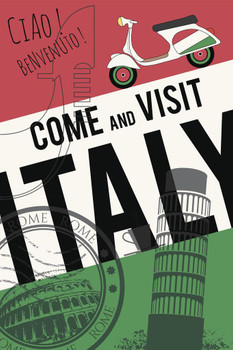 Come and Visit Italy Retro Vintage Travel Tourism Italian Flag Scooter Motorcycle Tourist Rome Venice Milan Cool Wall Decor Art Print Poster 16x24