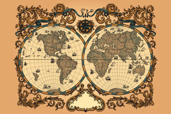 Ornate World Renaissance Period Vintage Antique Style Map Travel World Map Posters for Wall Map Art Wall Decor Geographical Illustration Travel Destinations Cool Wall Decor Art Print Poster 24x16