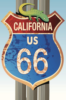 Retro California US Route 66 with Green Lizard Road Sign Cool Wall Decor Art Print Poster 16x24