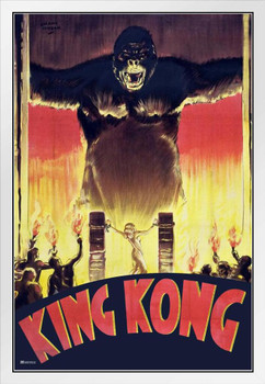 King Kong 1933 French France Retro Vintage Classic Hollywood Film Giant Ape Monkey Kaiju Horror Movie Poster Monster Merchandise Original King Kong Poster White Wood Framed Poster 14x20