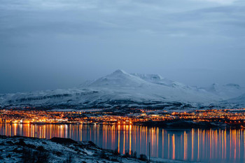 Akureyri City View at Sunset Northern Iceland Photo Photograph Cool Wall Decor Art Print Poster 24x16