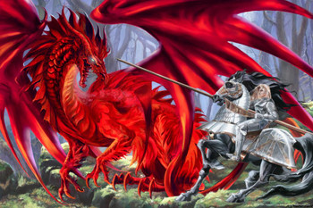 Bloodlust Red Dragon Fighting Knight In Armor by Ruth Thompson Fantasy Poster Cool Wall Decor Art Print Poster 16x24