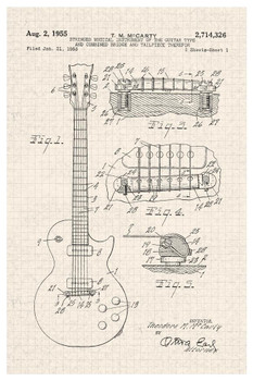 Electric Guitar 1955 Official Patent Diagram Tan Color Stringed Instrument Music Musician Rock Roll Band Decoration Cool Wall Decor Art Print Poster 16x24