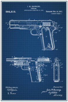 Handgun 1910 Official Patent Office Blueprint Diagram Firearm Educational Decoration Improved Revolver Design Cool Wall Decor Art Print Poster 16x24