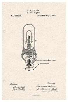 Thomas Edison Electric Light Bulb 1880 Official Patent Tan Color Blueprint Diagram Filament Bulb Science Engineering Math Educational Sign Decoration Cool Wall Decor Art Print Poster 16x24