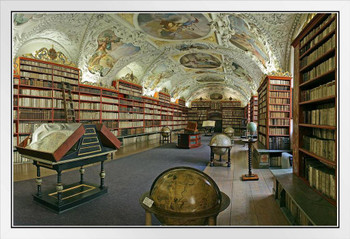 Strahov Monastery Baroque Library Prague Beautiful Painted Ceiling Vintage Ancient Books White Wood Framed Poster 14x20