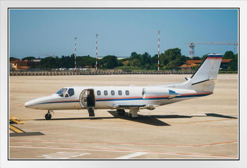 Small Private Airplane Jet Sitting on Tarmac Photo Photograph White Wood Framed Poster 20x14