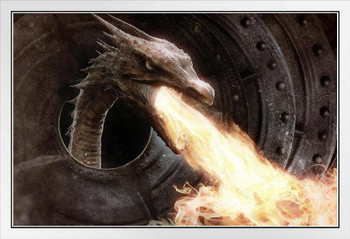 Angry Fire Breathing Dragon Fantasy Horror White Wood Framed Poster 20x14