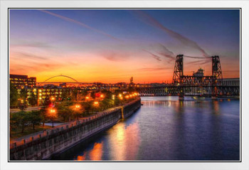 Sunset Over Willamette River Portland Oregon Photo Photograph White Wood Framed Poster 20x14